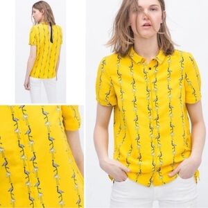 NWT Zara Yellow Flamingo Print Blouse with Ribbon Tie Detail